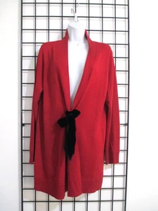 TALBOTS 🌸 LARGE ==ROSSO / LANA MERINO / MAGLIONE CAPPOTTO CON CRAVATTA IN VELLUTO NERO - Foto 1 di 5