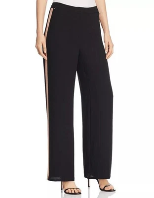 Eileen Fisher High Waist Side Stripe Silk Crepe Pants Size-8-Black-New With Tags - Image 1 of 4