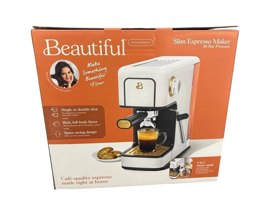 Hermosa cafetera espresso delgada con glaseado blanco a presión de 20 bares de Drew Barrymore Foto 1 de 1