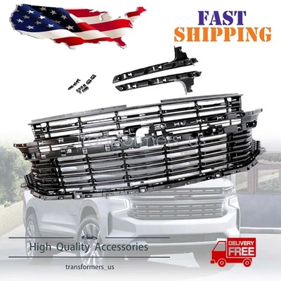 New Front Upper Grille Gloss Black Chrome For Chevrolet Tahoe Suburban 2021-2024 - Image 1 of 4