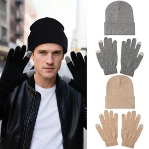 Juego de 2 PIEZAS Guantes Sombrero Tejido Unisex A Prueba de Viento Color Sólido Otoño/Invierno Cálidos - Imagen 1 de 18