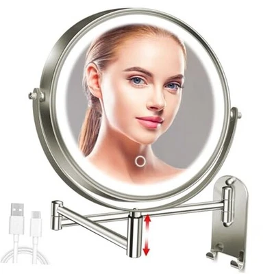 8-дюймовое настенное зеркало для макияжа с подсветкой, 3000 мАч перезаряжаемое двойное никелевое круглое - Изображение 1 из 4