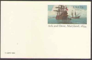 US. UX101. 13c. Ark and Dove, Maryland, 1634. Postal Card. MNH. 1984 - Picture 1 of 1
