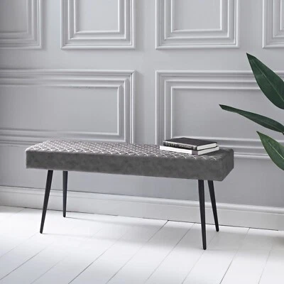 Dining Bench Grey Peyton Leather Effect Fabric Seat Bench Black Metal Legs 110cm - Image 1 of 3