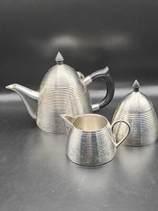 Teiera, crema, zucchero vintage 3 pezzi Art Decò placcata argento alveare - Foto 1 di 22