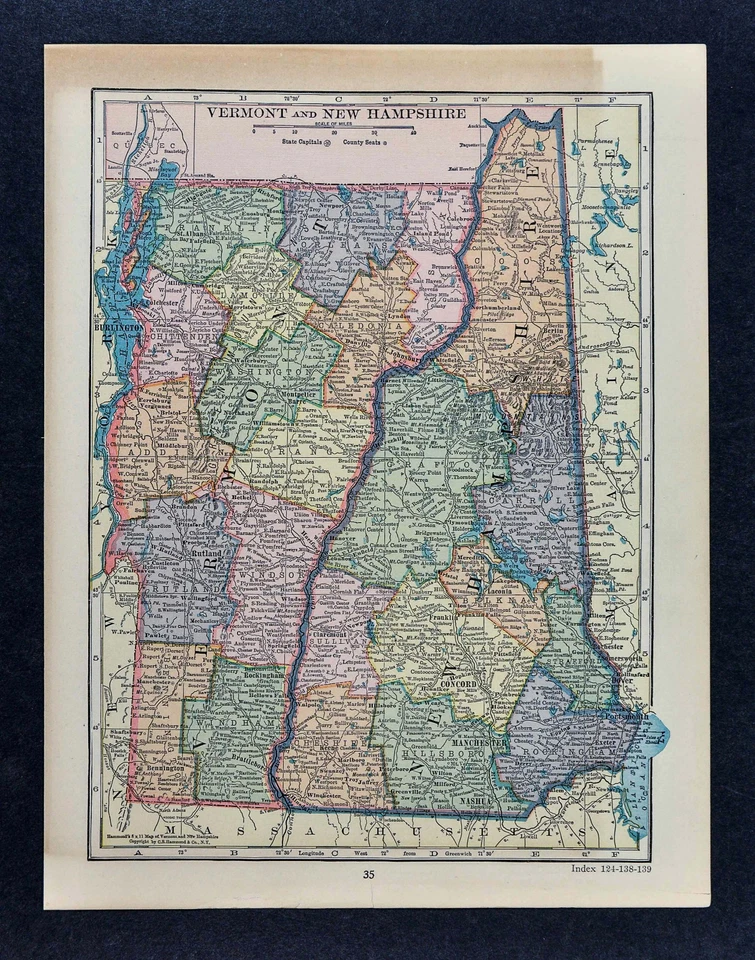 Mapa Hammond c1905 - Vermont New Hampshire - Montpelier Concord Manchester Nashua Foto 1 de 1