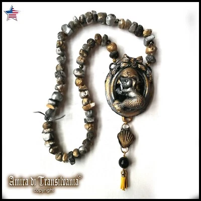 Necklace Women Jewelry Brutalist Pendant Massive Art Deco Siren Mermaid Sleeping - Image 1 of 4