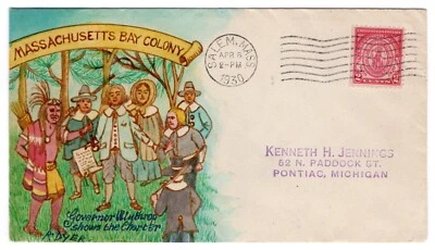 #682 Massachusetts Bay Colony 1930 First Day Cover Ralph Dyer Hand-painted  - Image 1 of 2