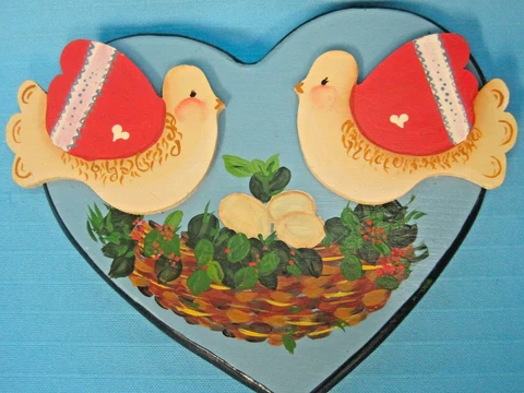 Wooden Wood Doves Birds Scene Handpainted Heart Wall Hanging Picture Blue White Cover