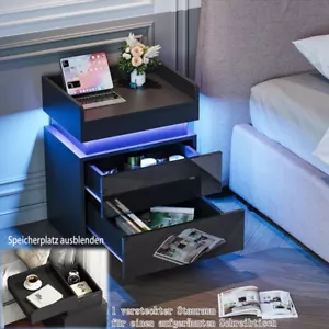 2er Set LED Licht Beleuchtung Nachttisch mit Hochglanz Schubladen 45x33x58 cm - Bild 1 von 37