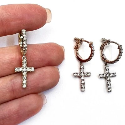 0.33CTW Natural Diamond 14K Gold Dangling Cross Hoop Single Earring 28mm - Image 1 of 4