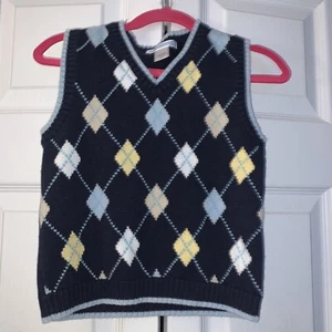 Janie & Jack Boys Cotton Sweater Vest Blue Yellow Argyle Size 4T - Picture 1 of 3