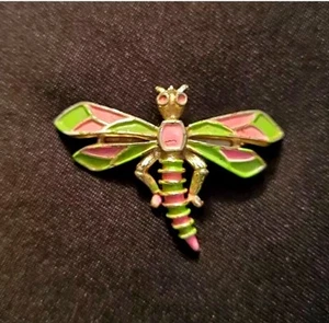 Vintage Pink & Green Enamel Dragonfly Brooch Pin Fun Mid Century Modern Jewelry - Picture 1 of 7