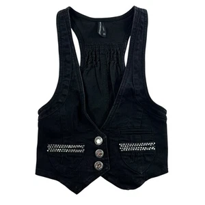 Vintage Y2K XS Trägertop schwarz Goth Rock Knopfleiste Grunge Cropped Denim Alt Coquette - Bild 1 von 12