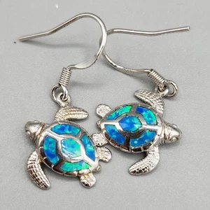 New Solid Sterling Silver 925 Inlaid Blue Opal Sea Turtle Earrings Wire Dangle - Picture 1 of 4