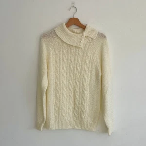 Vintage – Jennifer Moore White Pearl Button Collar Cable Knit Sweater Size S - Picture 1 of 9
