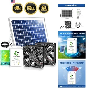 Solar Exhaust Fan for Chicken Coop with Battery Adjustable Thermostat 25W - Picture 1 of 9