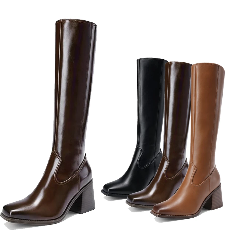 Mujeres Botas hasta la rodilla Tacón grueso Punta cuadrada Bota alta con cremallera lateral Foto 1 de 2