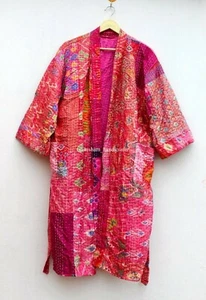 Silk handmade  patchwork kantha jacket japanese kimono style kantha robe Red - Picture 1 of 9