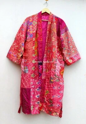 Silk handmade  patchwork kantha jacket japanese kimono style kantha robe Red - Image 1 of 4