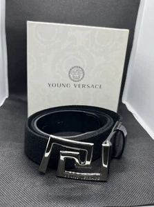 Young Versace Black Greek Key Leather Belt Medusa Logo Buckle M 7-12 Years - Picture 1 of 7