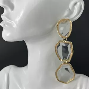 Clear Beveled Acrylic Earrings Pierced Dangle Drop Gold Long Runway Statement - Picture 1 of 7