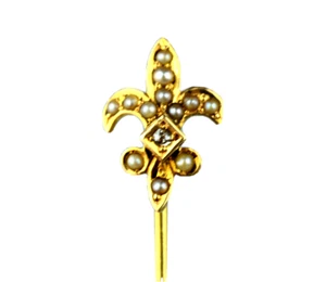 ANTIQUE 14K YELLOW GOLD FLEUR DE LIS DIAMOND & SEED PEARL STICKPIN - Picture 1 of 6