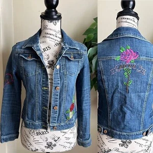 Seven 7 Embroidered Cropped Denim Jacket Blue Sz M - Picture 1 of 16