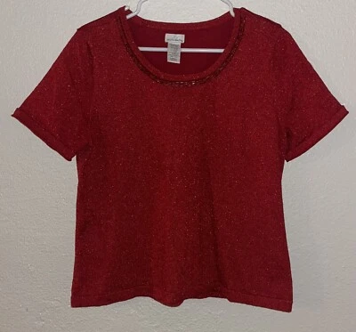 Jaclyn Smith Top Womens Large Red Shimmer Beaded Neckline Short Sleeve Pullover Foto 1 de 3