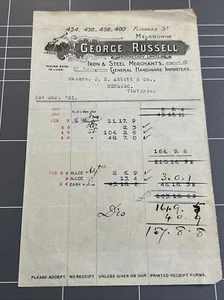 VINTAGE RECEIPT GEORGE RUSSELL FLINDERS ST MELBOURNE HARDWARE MERCHANT 1921 - Picture 1 of 4