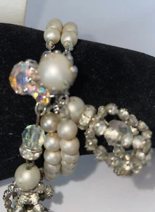 Vtg VENDOME Faux Pearl & Rhinestone 2-Strand Bracelet & Dangle Clip-on Earrings - Picture 1 of 20