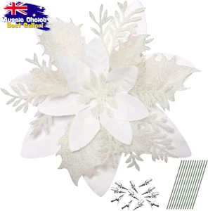 Poinsettia Christmas Flowers 12pcs 5.5" Artificial Glitter White Xmas - Picture 1 of 12