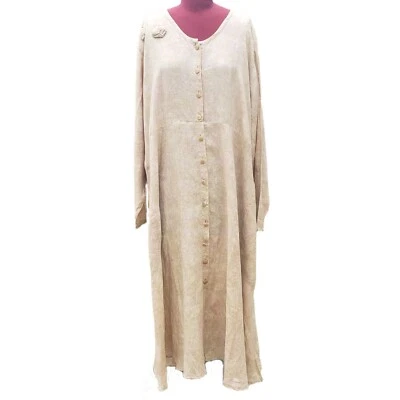 Vestido Lino Vintage Beige Lino Botón Delantero Maxi Manga Larga Jeanne Engelhart 2G Foto 1 de 4