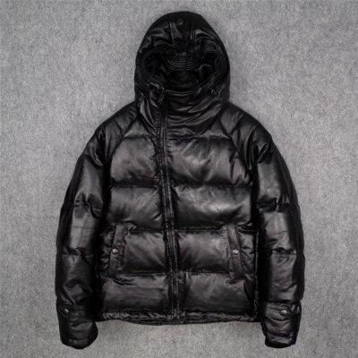 Mens Black Genuine Leather Lambskin Padded Quilted Down Puffer Jacket - Image 1 of 4