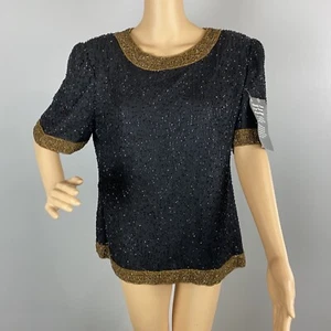 Vintage Lawrence Kazar Damen große 100 % Seide Perlen schwarz gold Bluse neu mit Etikett - Bild 1 von 6