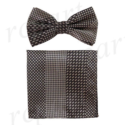 Nuevo conjunto de pajarita y pañuelo preatado para hombre geométrico marrón tostado graduación boda formal Foto 1 de 4