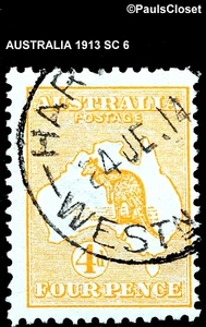 AUSTRALIA 1913 SC 6 KANGAROO & MAP ORANGE 4p USED NO GUM WM 8 P 12 - Picture 1 of 2