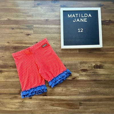 Matilda Jane Camp MJC Short Cut Shorties 12 Red Blue Polka Dot Knit Ruffle Short - Image 1 of 4