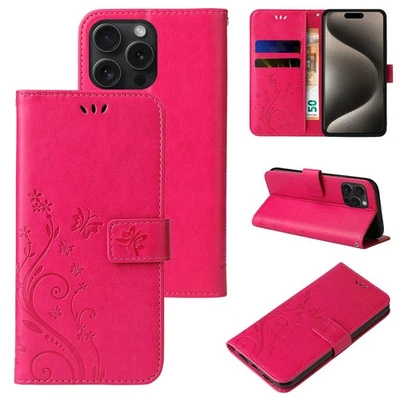 Custodia cellulare per Apple iPhone 16 Pro pieghevole custodia fiore farfalla rosa - Immagine 1 di 4
