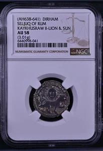 (AH638-641) SELJUQ OF RON KAYKHUSRAW II-LION & SUN DIRHAM AU-58 NGC Graduado - Imagen 1 de 2