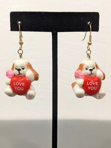 Valentine Puppy Earrings LOVE YOU Heart Dangle Cute Dog Novelty Jewelry Retro - Picture 1 of 8