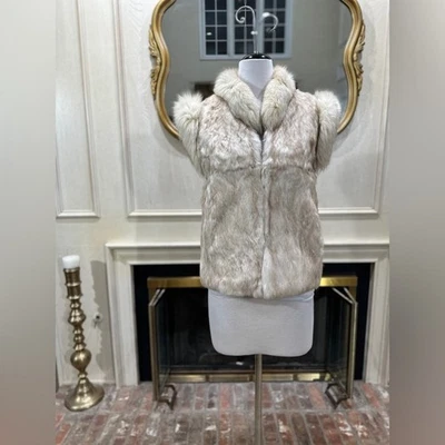 Chaleco de piel de conejo teñido vintage beige crema suave piel real mediano Hong Kong Foto 1 de 4
