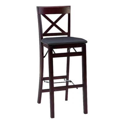 Linon Triena X-Back Folding 30" Bar Stool Brown Faux Leather Seat in Merlot Wood - Image 1 of 4