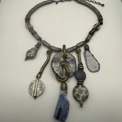 Mixed Material Statement Necklace Ceramic Metal Stone Boho 17-21” - Image 1 of 4