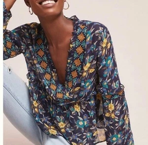 Anthropolgie Damen Bluse Top Meadow Rue Blumenmuster mit Rüschendetails S - Bild 1 von 8