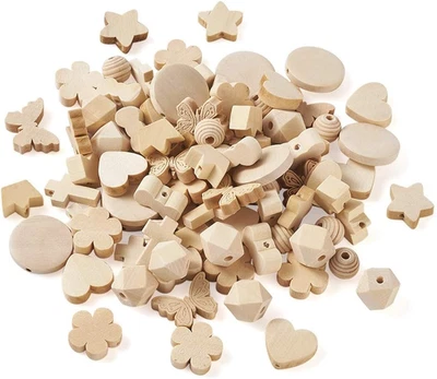 Madera sin terminar para hacer madera hágalo usted mismo 100 piezas formas cuentas espaciadoras naturales surtidas Foto 1 de 4