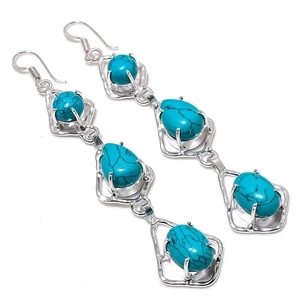 Blue Turquoise Gemstone Handmade 925 Sterling Silver Jewelry Earring Size 3.75" - Picture 1 of 1