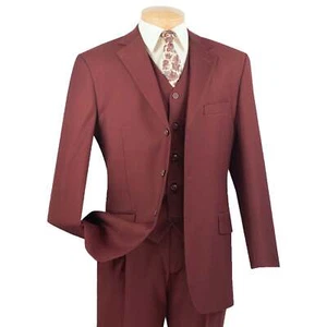 VINCI Men's Burgundy 3pc 3-Button Classic-Fit Suit w/ Matching Vest - NEW - Picture 1 of 3