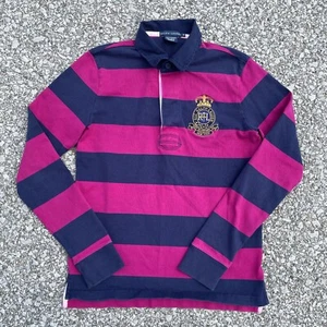 VTG Ralph Lauren Shirt Youth Medium Pink Blue Striped Rugby Bleecker St NY Patch - Picture 1 of 10