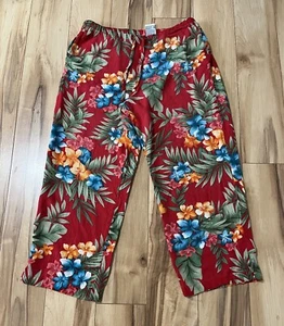 Pull On Red Floral Elastic Waist Crop Pants Petite Medium Vintage White Stag - Picture 1 of 9
